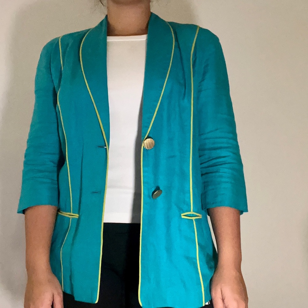 Vintage Teal Linen Blazer w/ Neon Green Piping